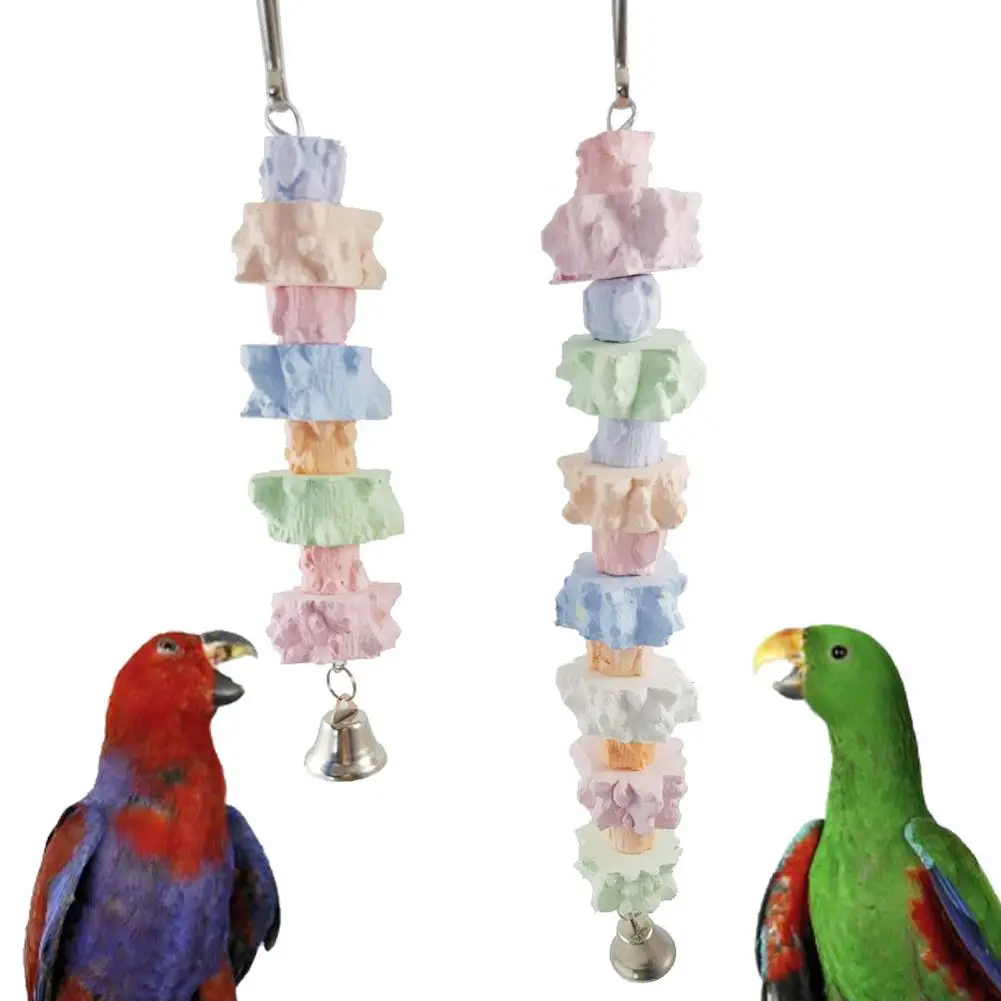 

NEW Birds Colorful Grinding Calcium Stone Parrot Chewing Toy With Bells Metal Hook Bird Cage Accessories