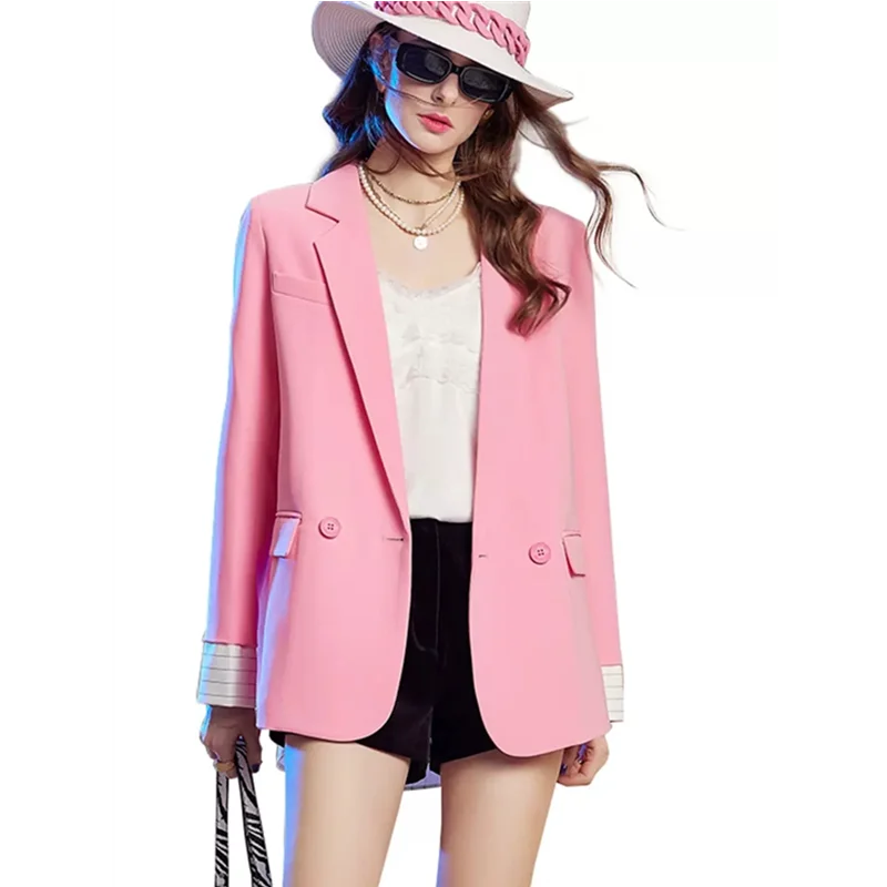 Luxury Chic Long Sleeve Women Blazer Pink Blazer Office Ladies Jacket Two Pieces Splicing Korean Coats Double-breasted Solid