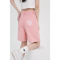 Pink Woman's Thin Short Jeans High Waist Denim Shorts Baggy Street Design Wide Leg Straight Summer Babes Jean Five-point Pants