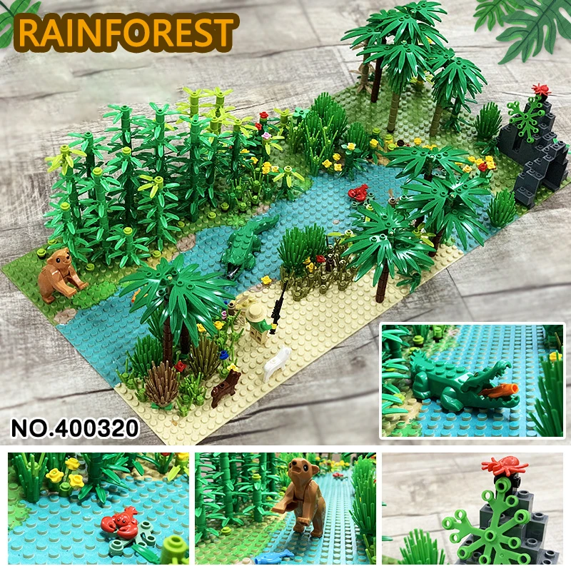 

Tropical rainforest scene MOC building blocks jungle flowers and trees floor size particles assembled forest toys