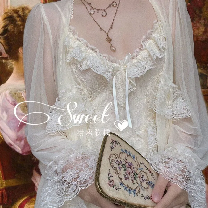 Spring Nightdress Women Lace Nightgown Retro French Vintage Thin Loose Sleepwear Elegant Dressing Gown Lounge Home Dressing Gown