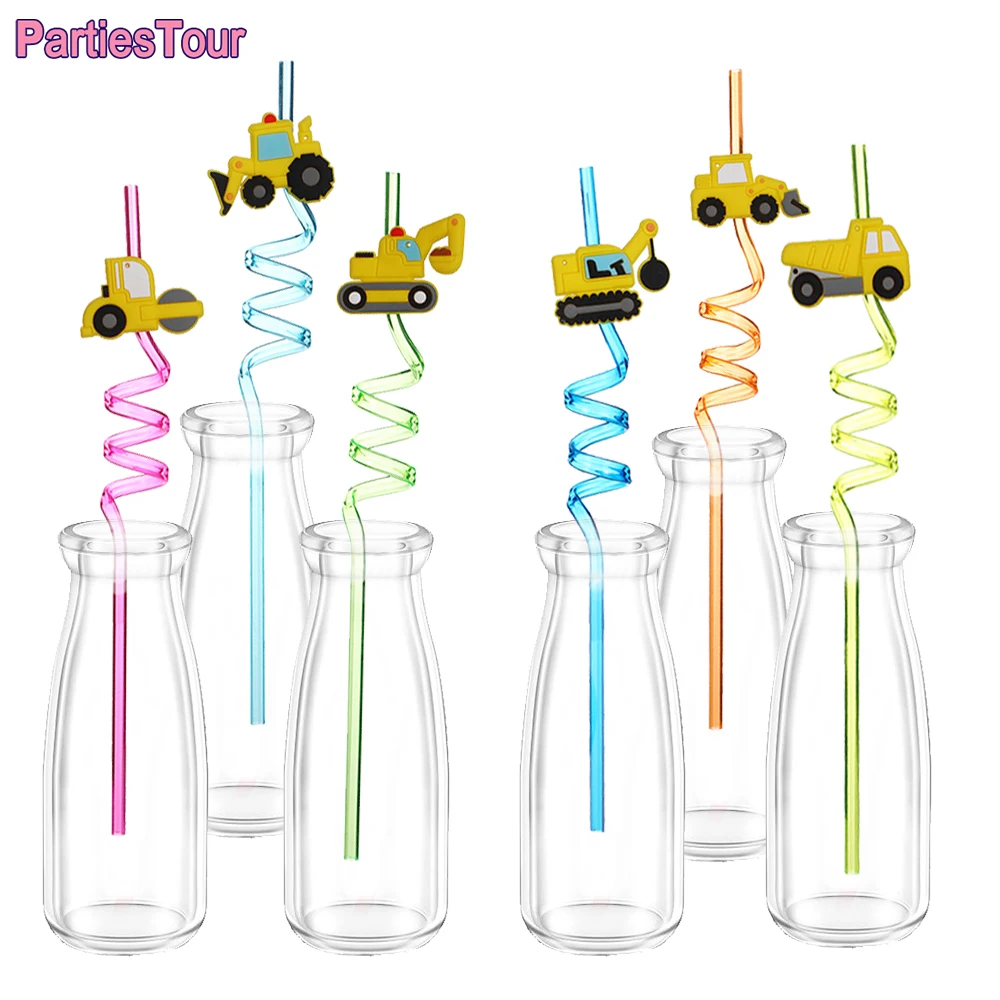 

8 шт. строительный грузовик, строительный экскаватор, пластиковая солома, детский строительный автомобиль, декоративная Солома для дня рожд...