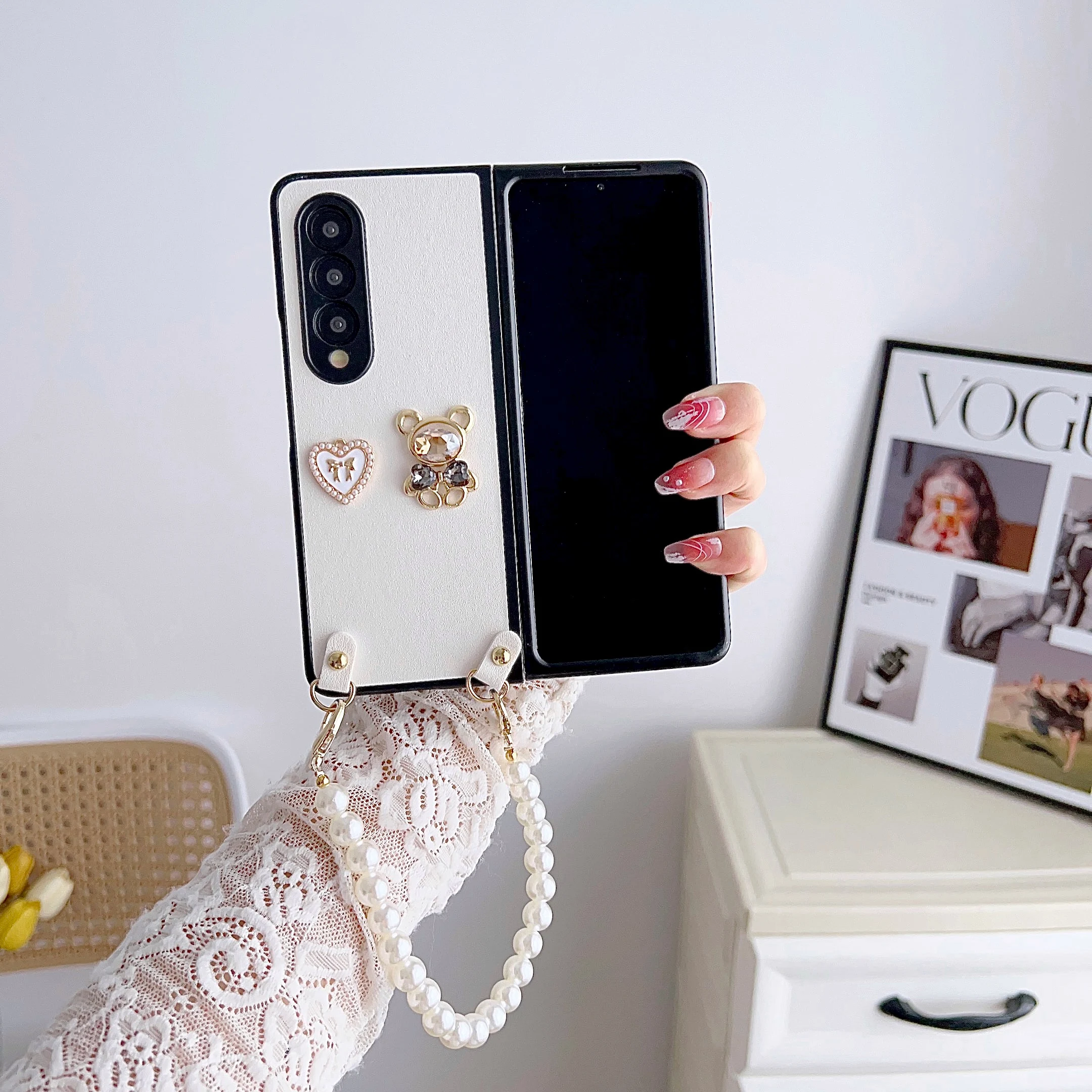 Чехол для телефона с милым медведем и жемчугом в виде сердца Samsung Galaxy Z Fold 3 4 5 6