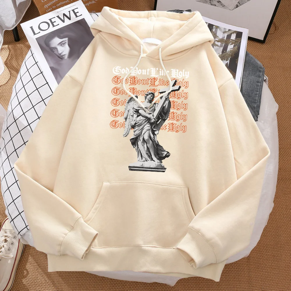 

Modern Style Sculpture With Wings Holding A Cross Man Hoody Fashion Cool Tops Loose Warm Crewneck Long Sleeves Casual Men Hoodie