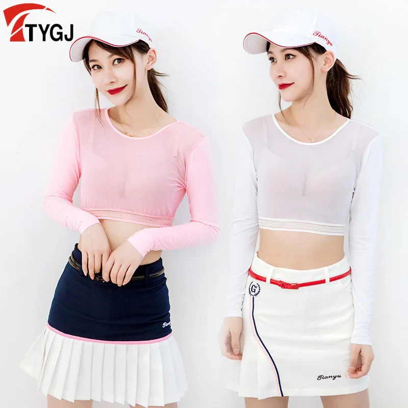

TTYGJ Women Thin Golf Shirt Summer 여성골프웨어 Clothes Cropped Tops With Anti-Uv Lladong Sleeve Ice Silk Bottoming Golf Wear Ladies