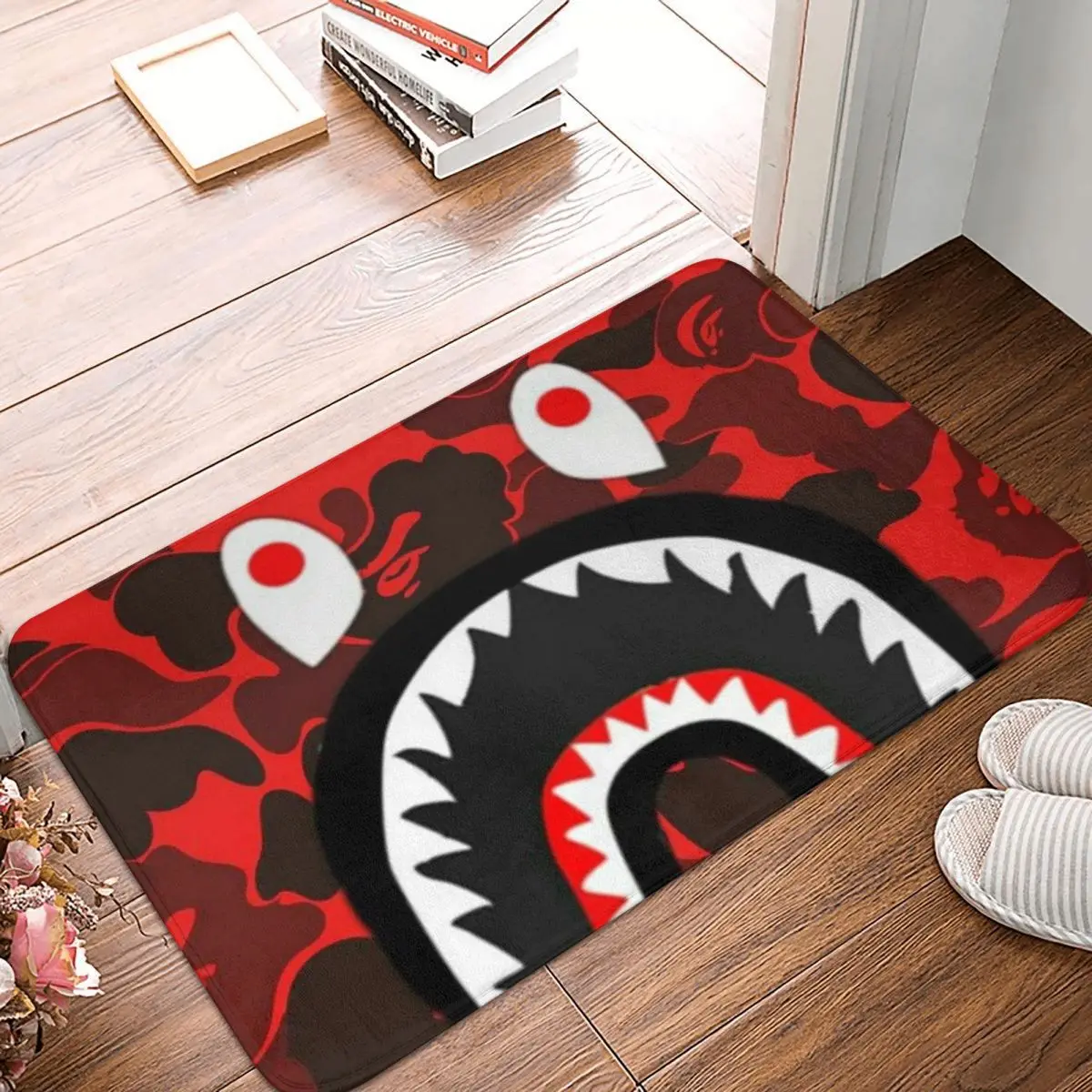

Красный Камуфляжный коврик Bape в виде акулы, коврик для ног, нескользящий коврик из полиэстера, для входа в кухню, спальню, балкон, Туалет
