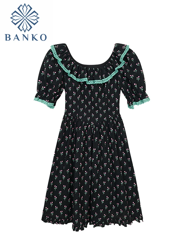 

Women Floral Print Dresses Summer Party Club Puff Sleeve A-line Dress Kawaii Elegant Female Vintage Gothic Black Y2k Mini Dress