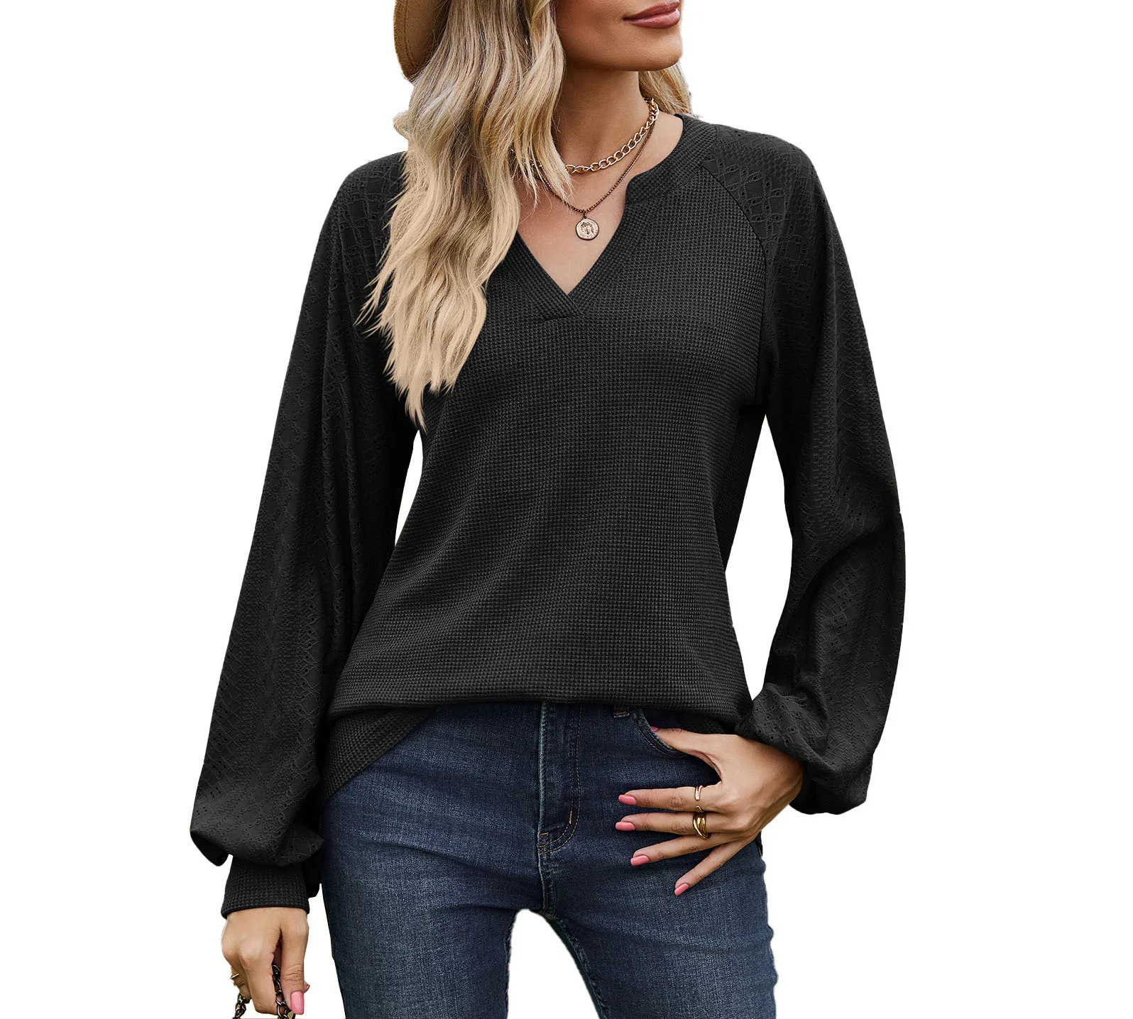 

Autumn and Winter Fashion New Solid Color Casual T-shirt Splicing V-neck Loose Long-sleeved Blouse Female