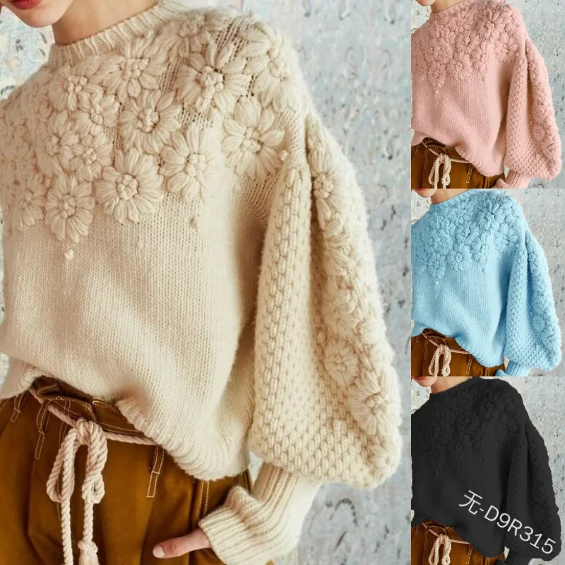 

Mandylandy Pullover Sweater Round Neck Autumn and Winter Jumpers Women Knitted Pullovers Thermal Solid Embroidered Sweater