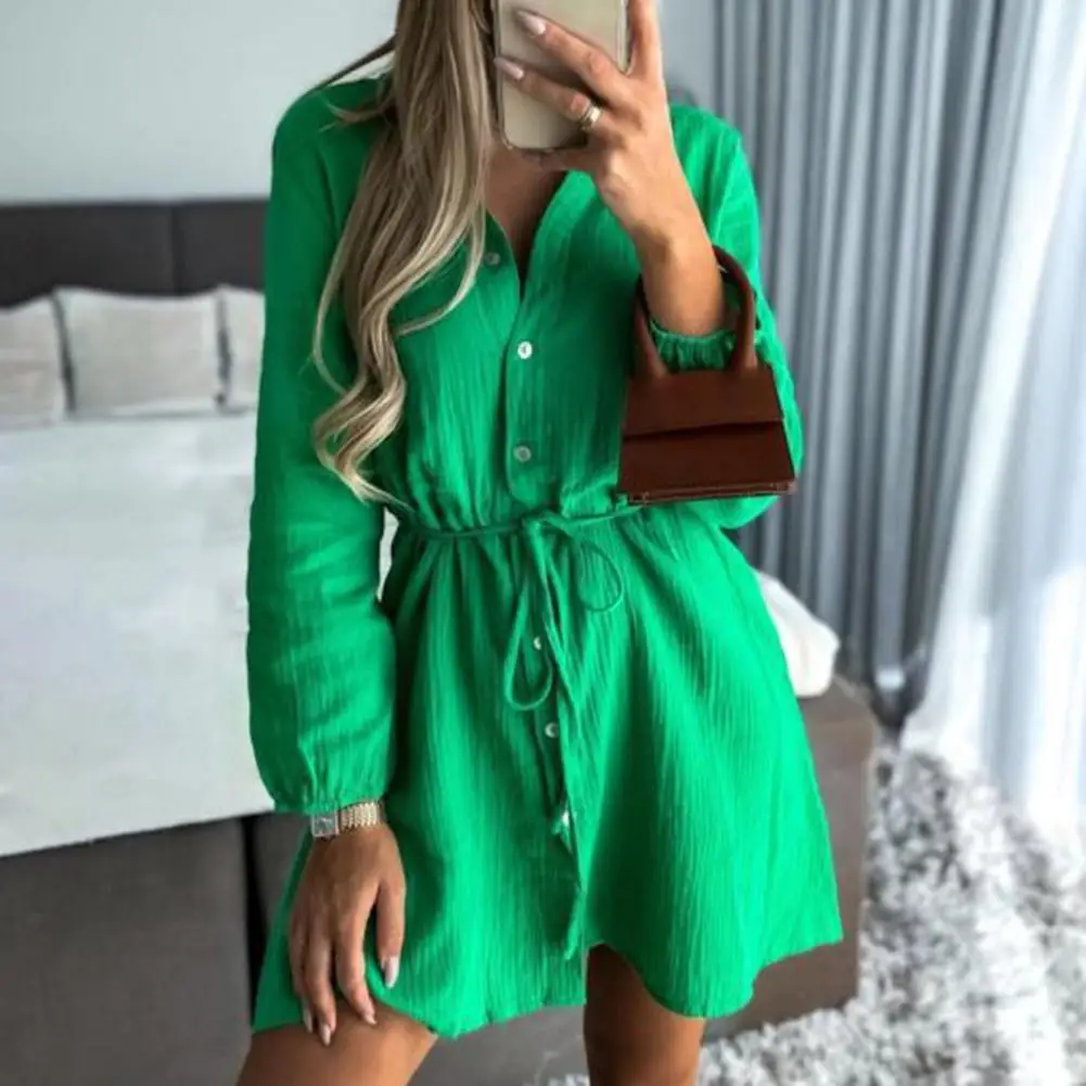 

Женское однотонное платье-рубашка на пуговицах, с высокой талией и длинным рукавом