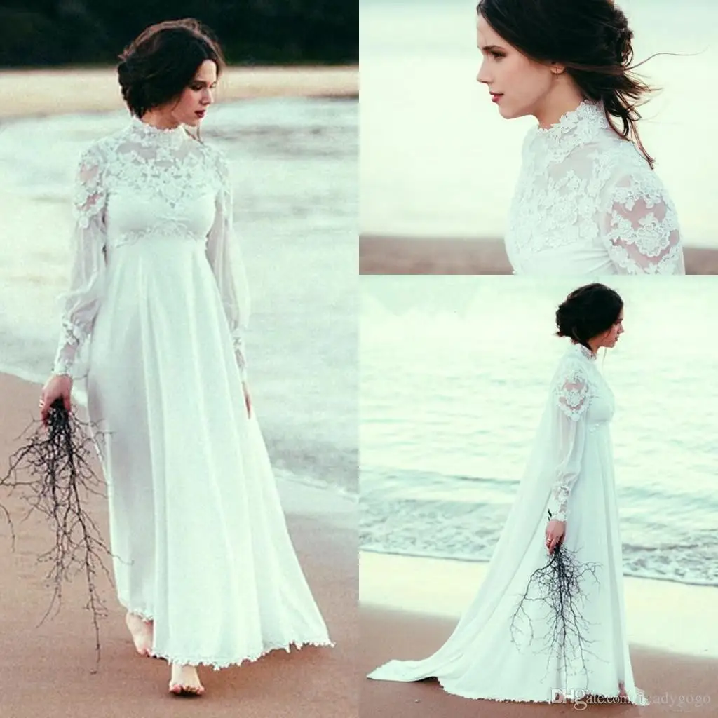 

High Neck Beach Wedding Dresses With Long Sleeve 2022 Lace Chiffon Empire Waist Country Bohemian Pregnant Bridal Wedding Gown