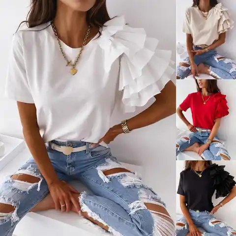 Women Blouse  Short Sleeve   Top Layered Ruffle Solid Color T-shirt