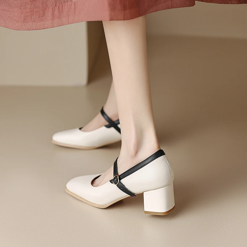 32-43 large size spring and autumn square head women's shoes cow leather thin belt buckle high heel thick heel women's shoes