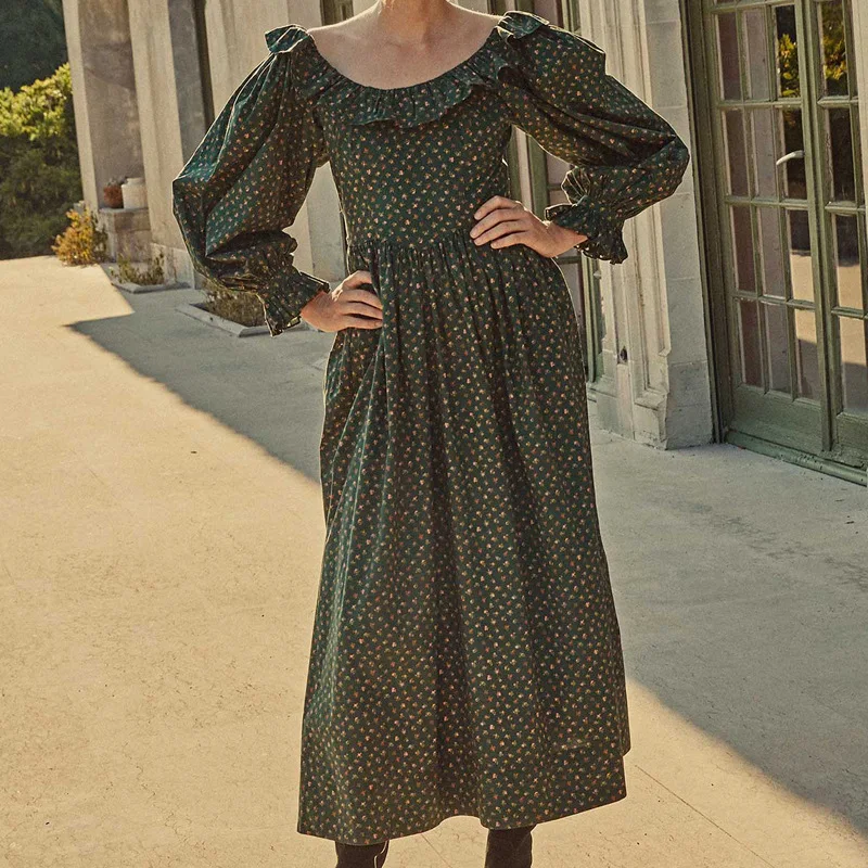 

French Green Floral Print Ruffled Ankle Dress Women 2022 New High Waist Waist Off Shoulder Elegant Robe Evening Dresses