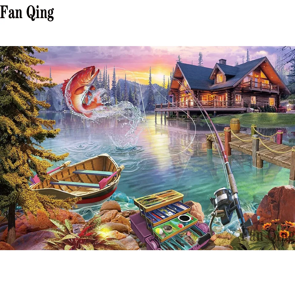 

Алмазная 5D Вышивка «сделай сам», картина с изображением озера, заката, рыбалки, животных, полноразмерная мозаика, Набор для вышивки крестико...