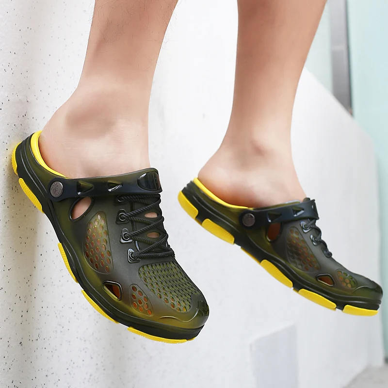 Летняя обувь прозрачная пляжные мужские сандалии тапочки с отверстиями дышащие