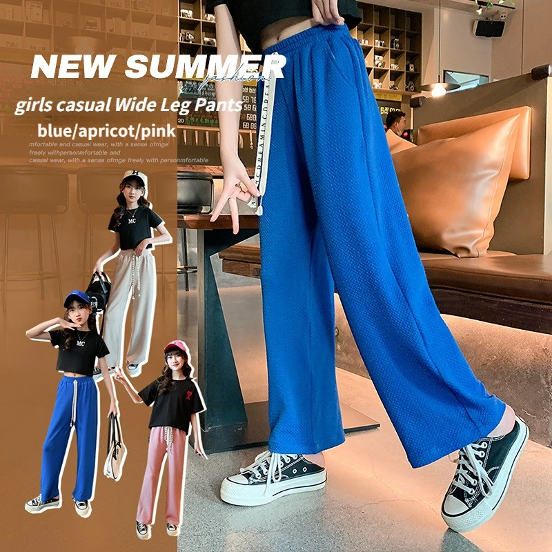 

Girls Casual Wide Leg Pants Summer Thin Loose Kids Trousers Elastic Waist Children's Clothing 10 12 13 Years Teenager Sweatpants