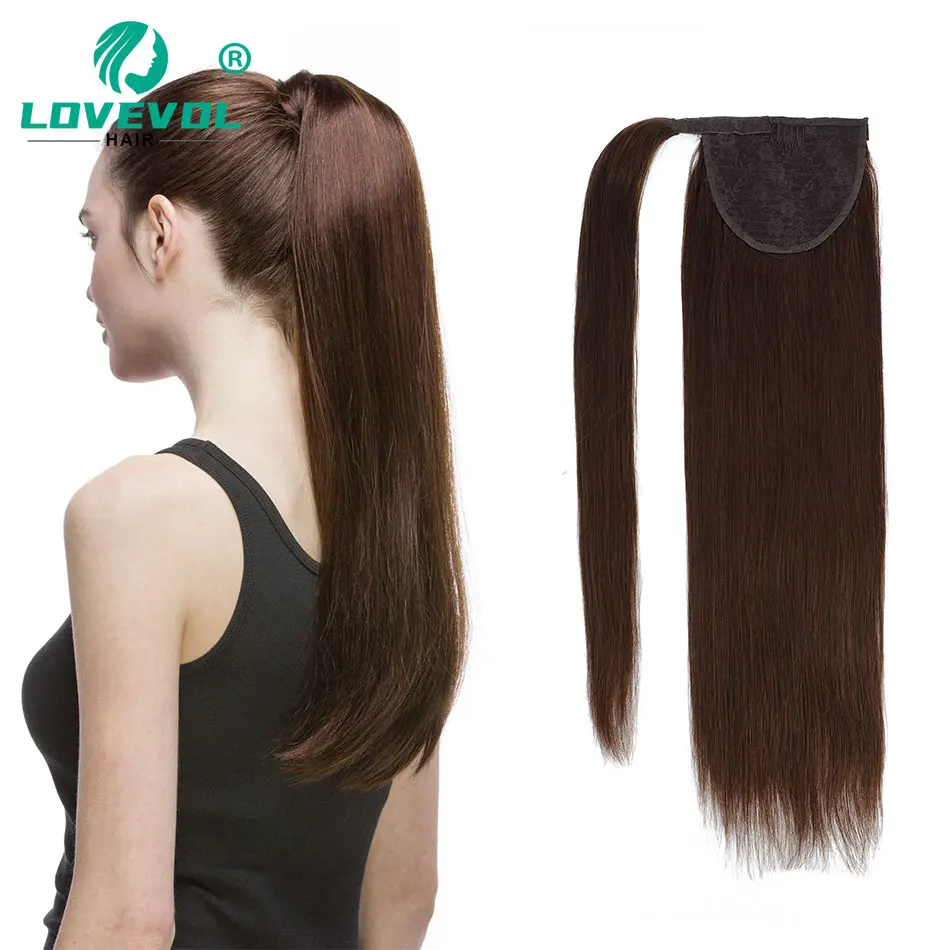 Lovevol Chocolate Color Ponytail Extensions Human Hair Strnight Wrap Around Ponytail Brazilian Remy Hair Hairpiece 160 Grams