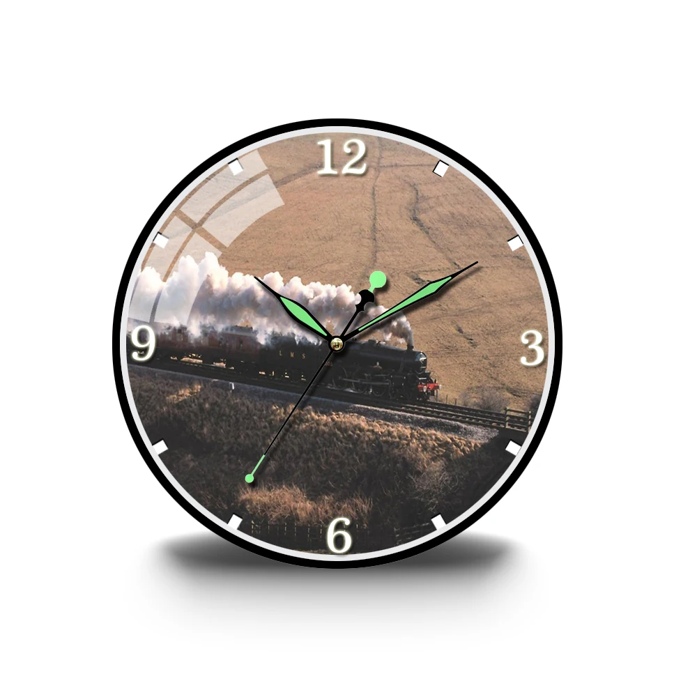 

Brown Style Train Railway Retro Style Wall Clock Modern Design Round Indoor Home Office Living Room Decor Silent Wall Clock