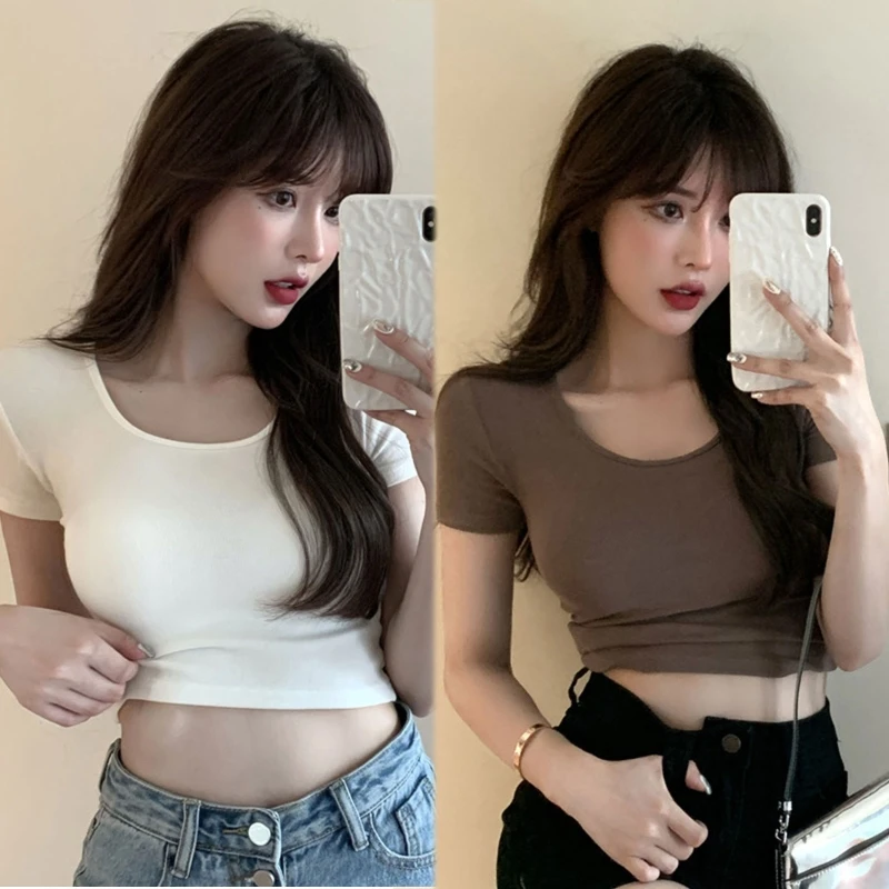 

Women Sexy Low Cut Scoop Neck Crop Top Basic Short Sleeve Plain Solid Color T-Shirt Casual Bodycon Slim Pullover Tee