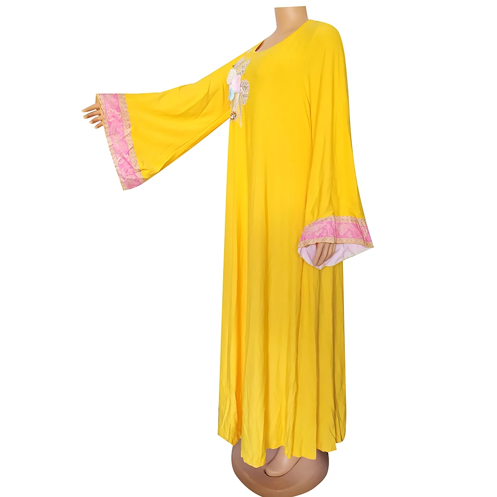 

Yellow Fashion Maxi Dresses For Women O-collar Long Flared Sleeve Loose Robe Gowns Applique African Femme Dress 2022 Elegant New