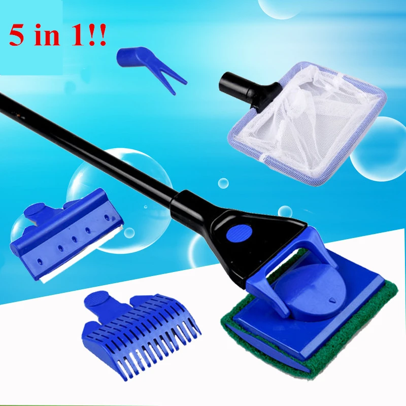 

5 in 1 Aquarium Cleaning Tools Aquarium Tank Clean Set Fish Net Gravel Rake Algae Scraper Fork Sponge Brush Glass Cleaner
