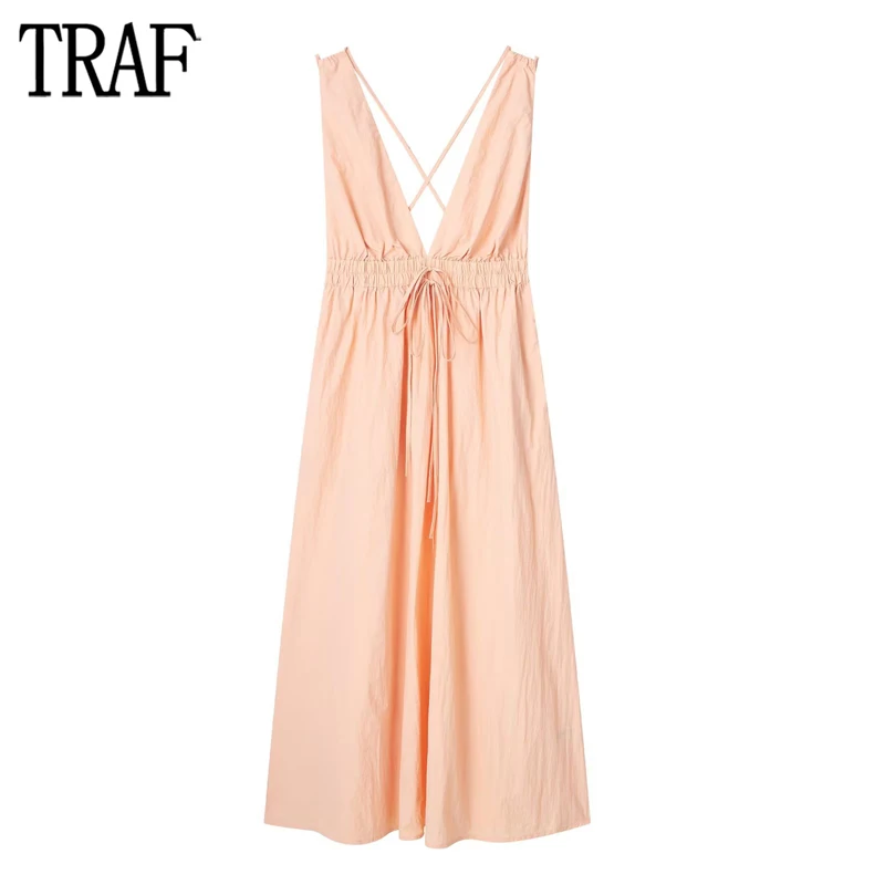 

TRAF Pink Pleated Midi Dress Women Sleeveless Summer Dress Woman Sexy Backless Womens Dresses Nylon Straps Beach Women's Dress