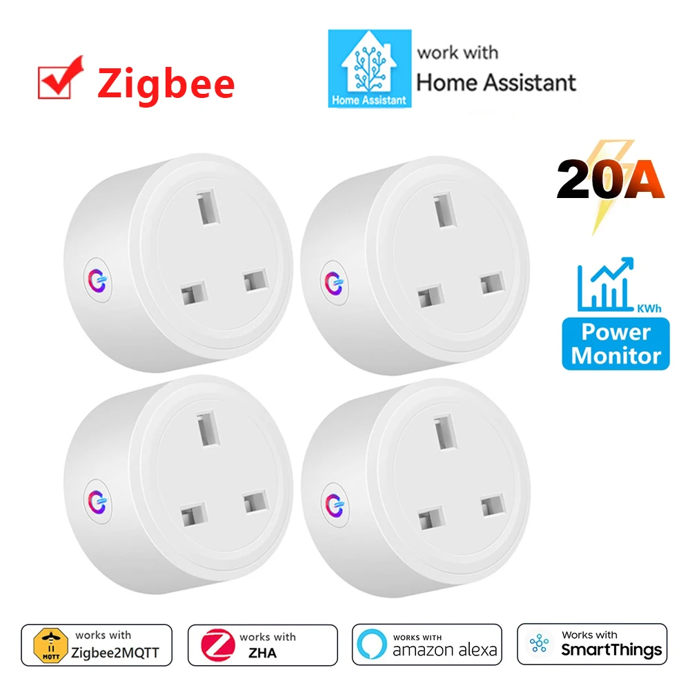 

20A Home Assistant Zigbee Smart Socket UK Smart Plug Adapter Домашняя розетка с монитором энергии Голос Alexa работает с Zigbee2MQTT
