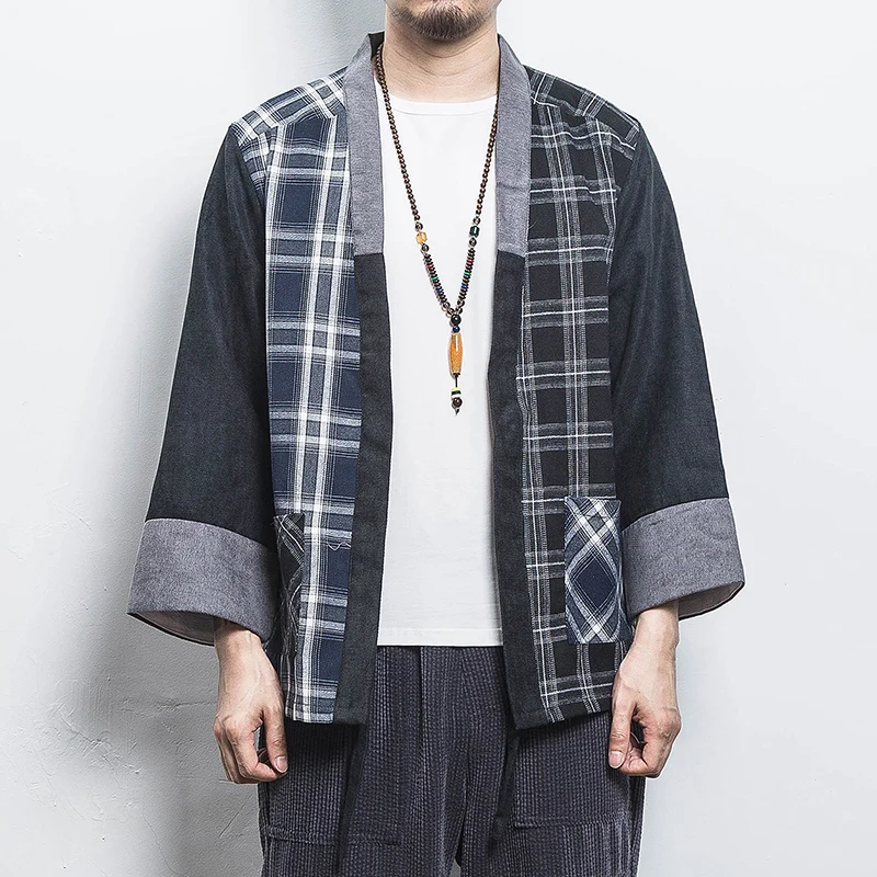 

New Japanese Men Cotton Plaid Kimono Japan Haori Outterwear Hanten coat Fashion male samurai clothing Kimono Yukata Clothes