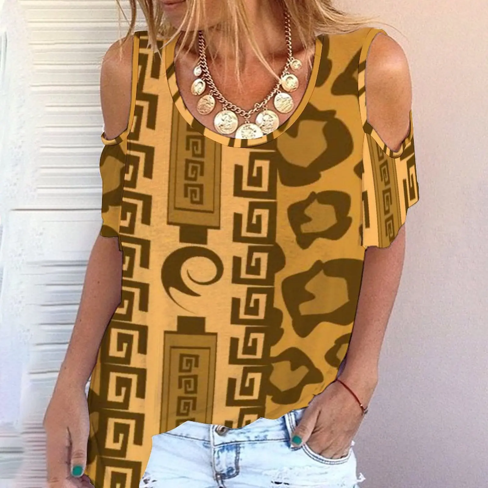 

Новинка лета 2022 женская футболка с открытыми плечами и леопардовым принтом с открытыми плечами и круглым вырезом с короткими рукавами женс...