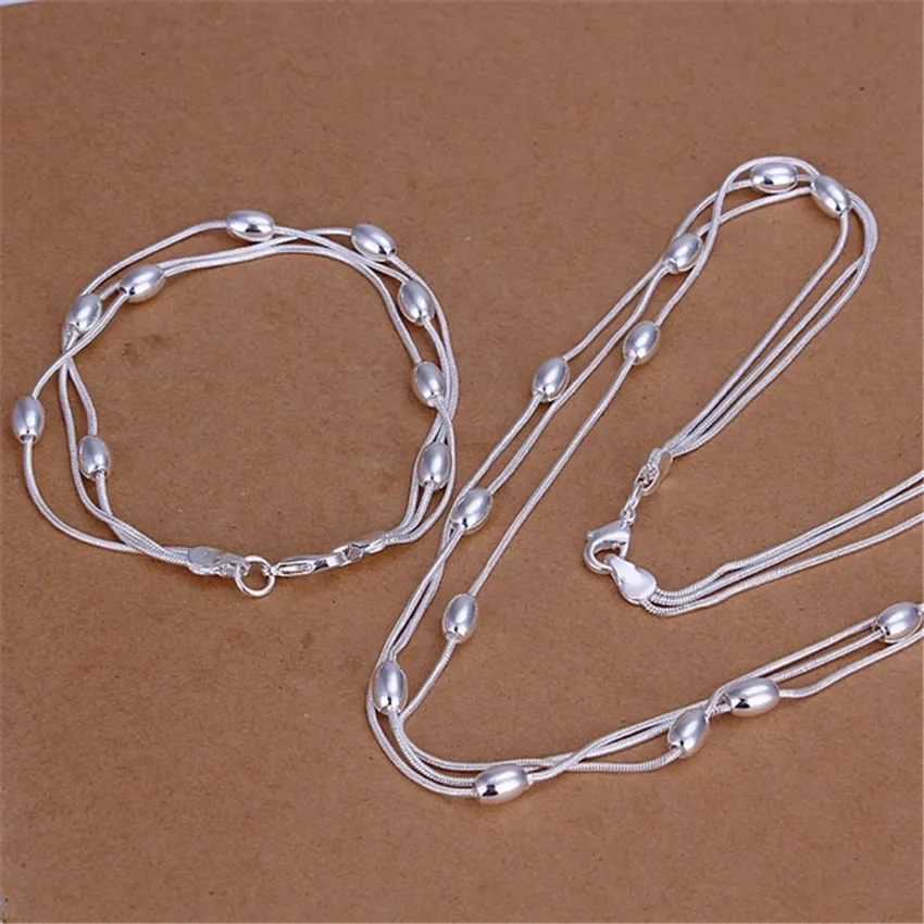 

Street All-match Tassel Oval Beads 925 Sterling Silver Bracelet Necklace Jewelry Set for Women Fashion Wedding Party Gift