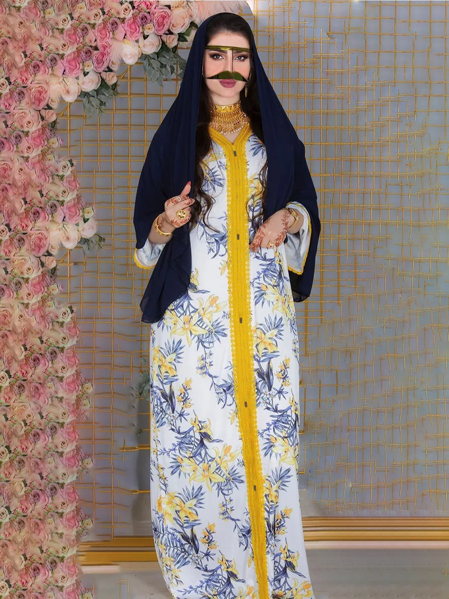 Дубай Abaya Jalabiya модный мусульманский хиджаб платье Eid 2022 белый цветочный марокканский кафтан Турция Арабская Женская Abaya