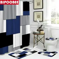 Navy Shower Curtain Textured Fabric Weave Polyester Modern Bath Curtains for Bathroom Decor Bath Mat Toilet Cover Non-Slip Rug