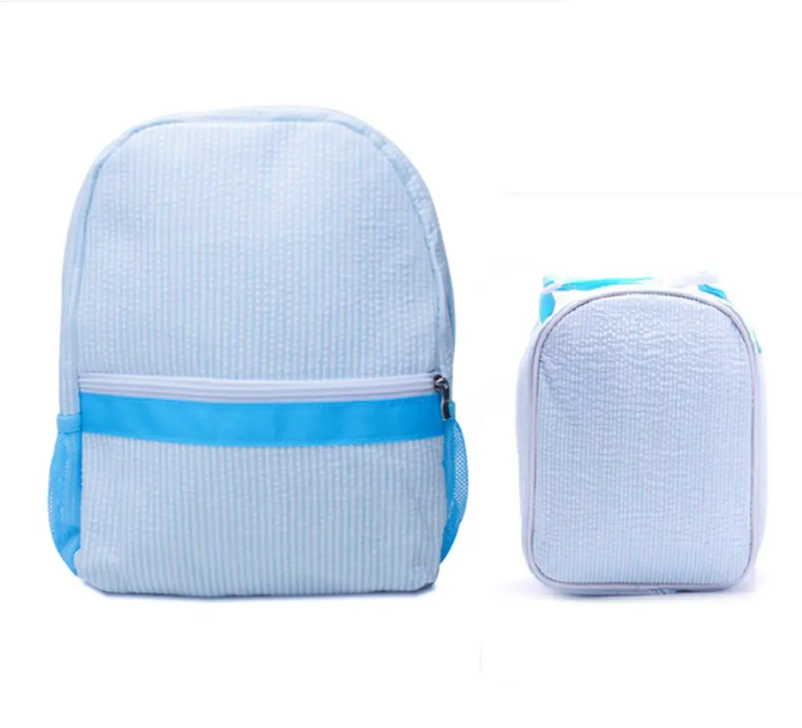 Schoolbag Toddler Seersucker Backpack Sets with Lunch Bag Box Aqua Small Light Wight Summer School Backpacks For Kids Domilsale
