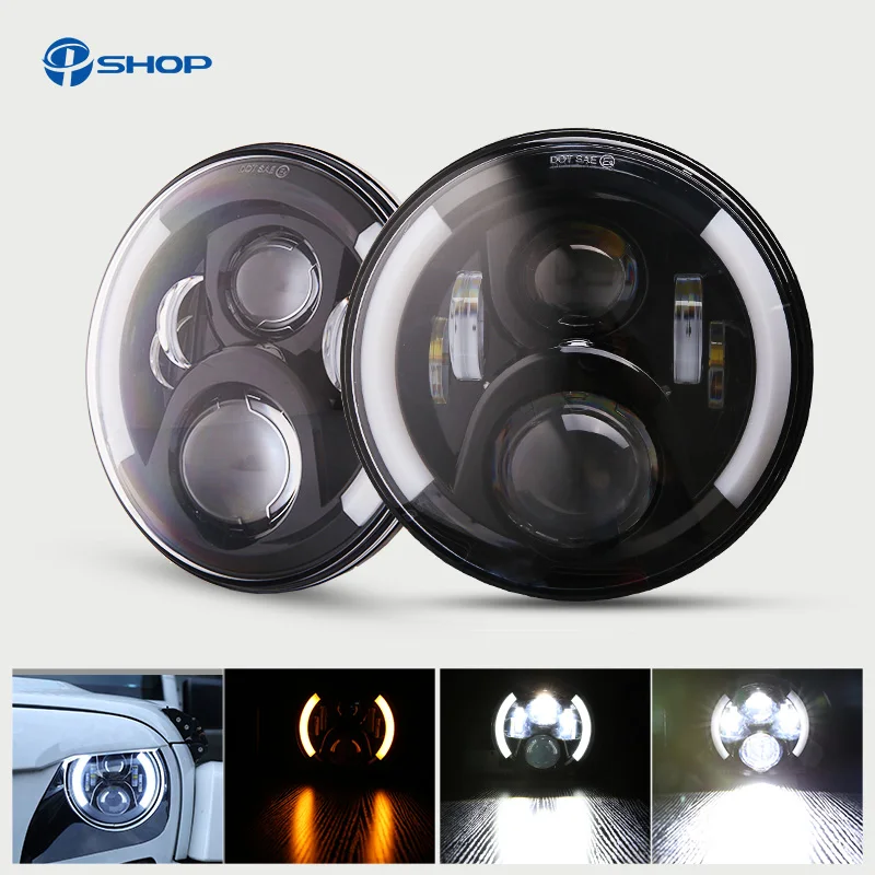 

Drl Round Headlight with Yellow Angel Eyes Hi-Lo 7'' Angelic Eye 50W 30W 6000K for Jeep Lada Toyota UAZ Moto Auto Car