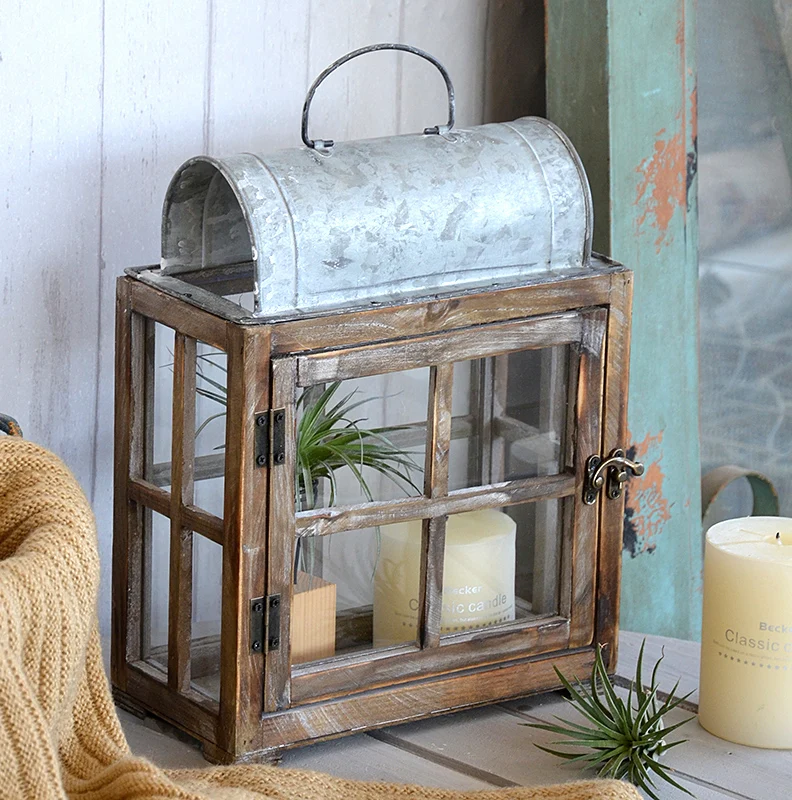 

Handcrafted Vintage Lantern Decorative Candle Holder Glass Wood Framed Zinc Top
