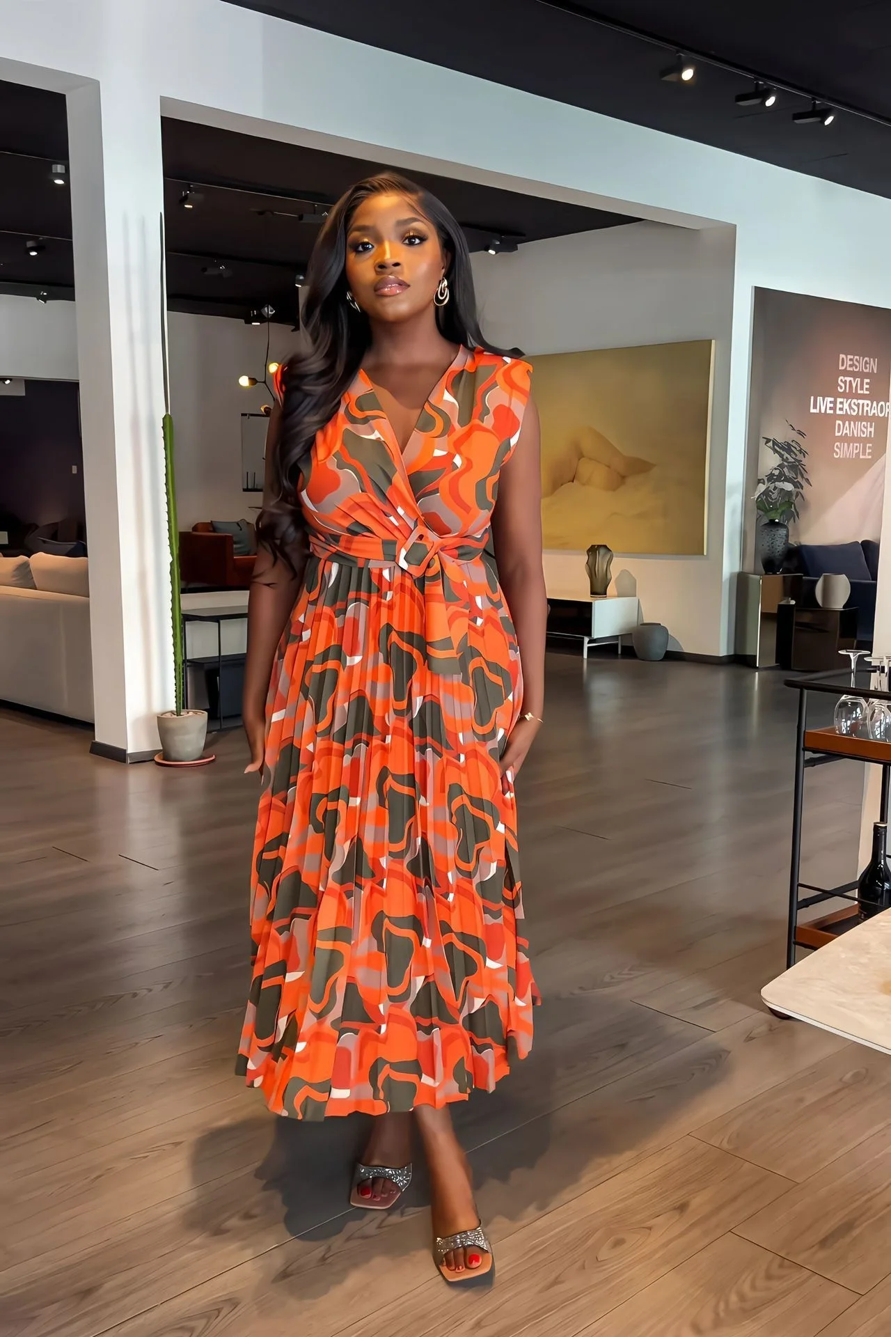 

Women's Dress V-neck Sleeveless Shoulder Pad Casual Print Commuter Versatile Pleated Waist Long Dress Chic Elegant Woman Dress