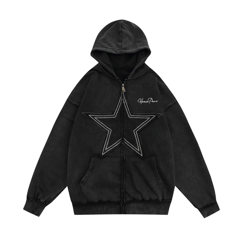 

Oversized Hi Street Vintage Star Patches Sweatshirts Hararkuju Loose Streetwear Hoodies Coats For Male Embroidery