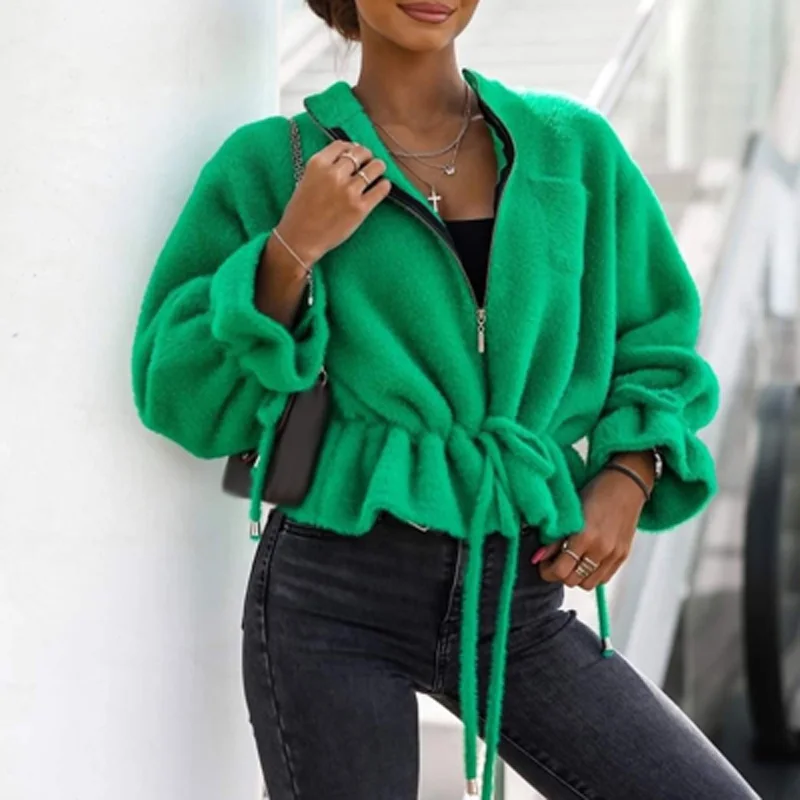 

New Elegant Solid Color Office Women's Coat Jacket 2022 Fashion Short Woolen Coat Ladies Autumn Lace Up Waist Zip Coat Tops