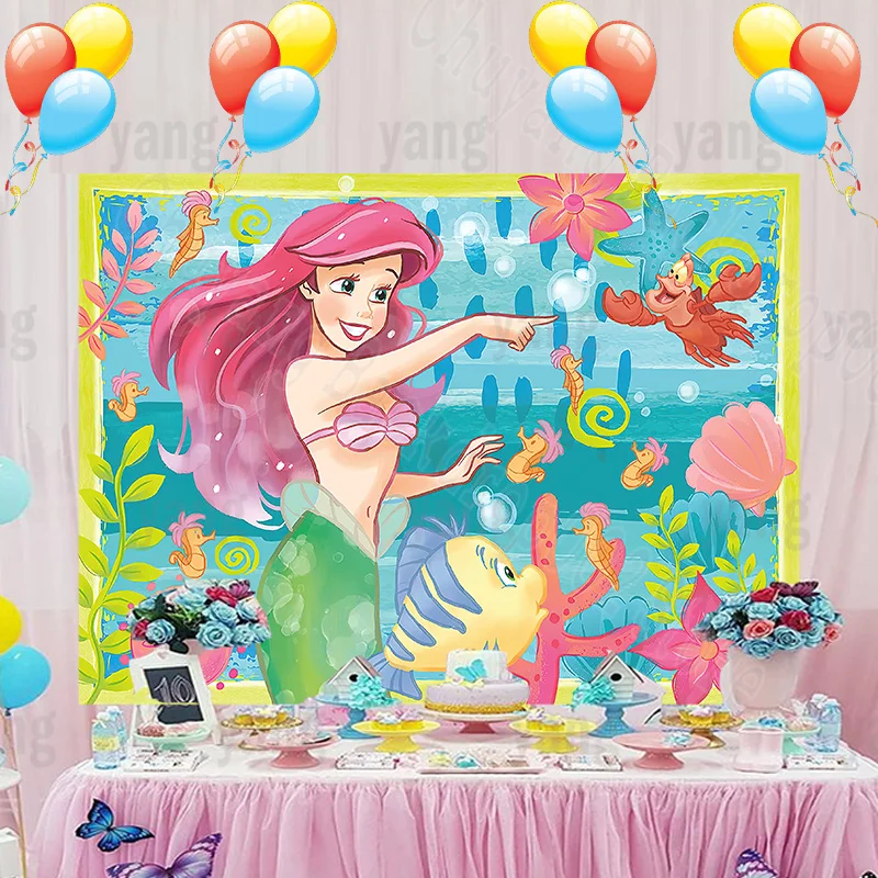 Cute Disney Backdrop Ariel Little Mermaid Newborn Girls Princess Under The Sea Bubble Background Birthday Party DIY Decoration enlarge
