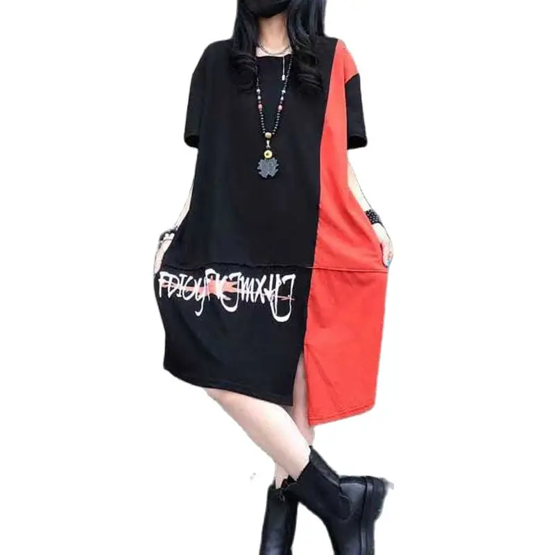 

Casual Plus Size Patchwork Dresses Fashion Black Women Clothing 2022 Short Sleeve Summer Lady Popular Loose Streetwear XC103