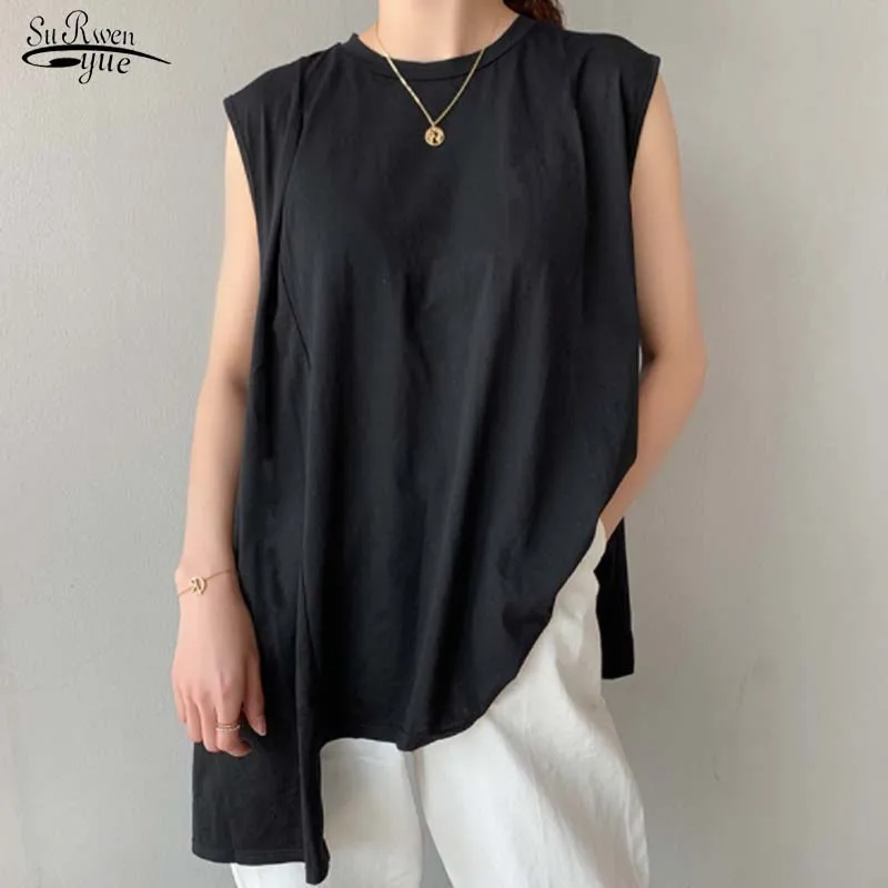 

Women Summer New Sleeveless Elegant Solid Shirt Blusas Streetwear 2022 Loose Blouse Casual Round Neck Female Pullover Tops 19645