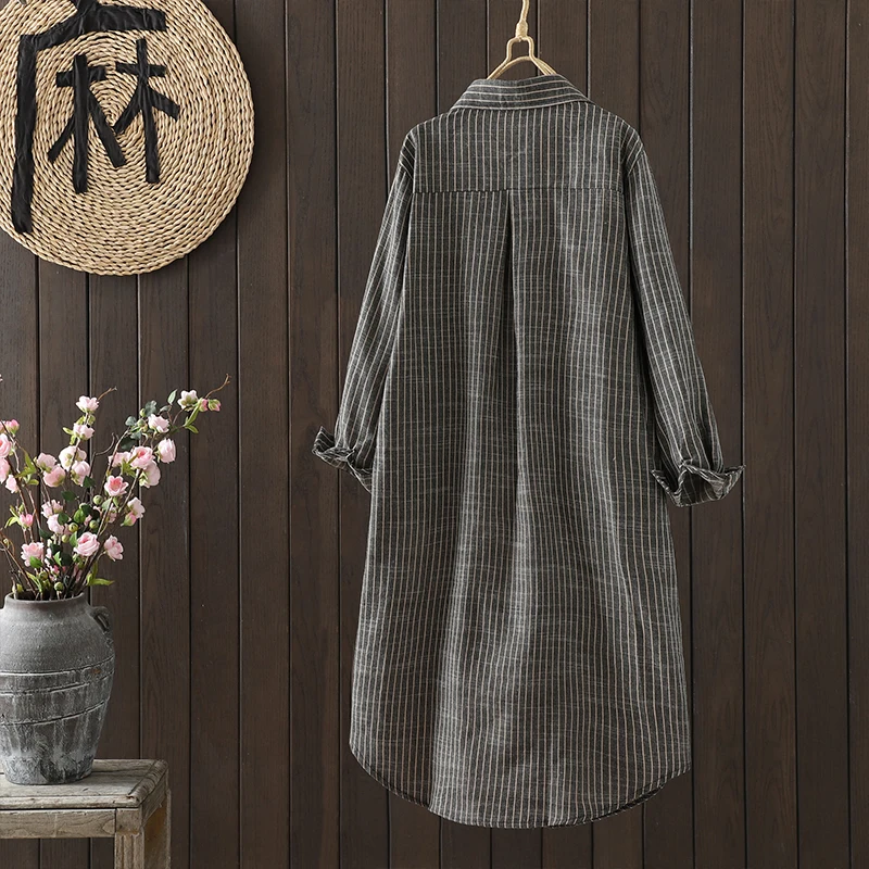 Хлопково-льняное полосатое платье-рубашка женское в корейском стиле элегантная