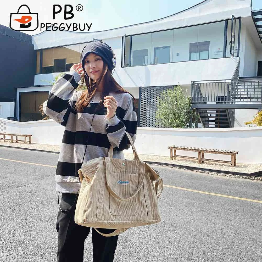 

Вельветовая женская сумка через плечо, повседневная вместительная сумка для покупок, модная подходящая ко всему сумка в полоску, многоразо...