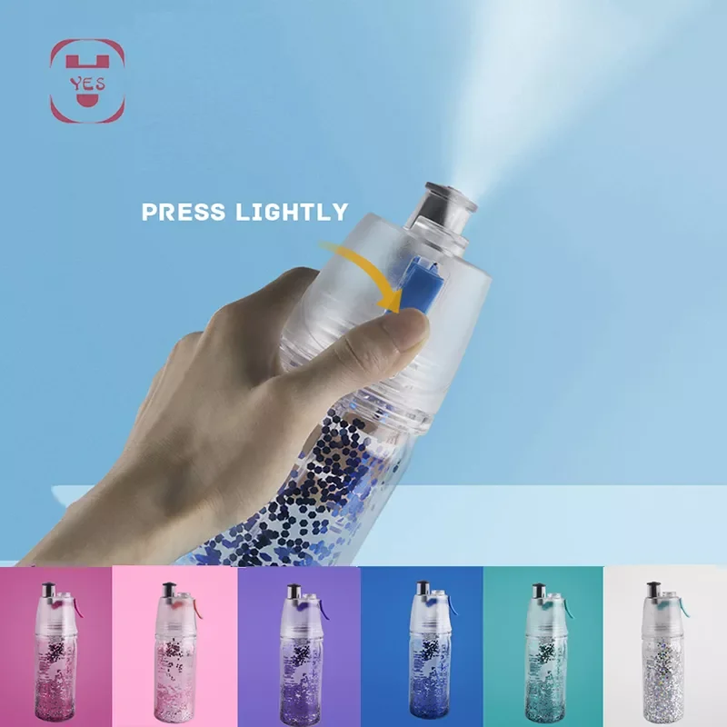 

2022New ml Shining Sports Water Bottle Spray Mist Squeeze Bottle Sparkling Misting Portable Outdoor Double-deck Spray 6 COLOR