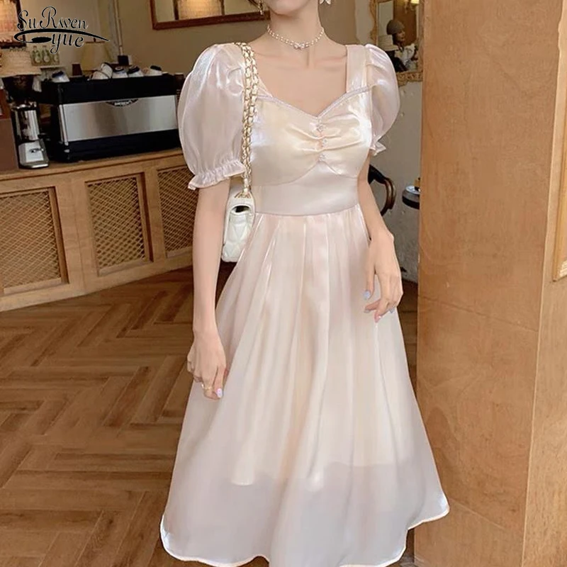 

2022 Sweet Puff Sleeve O Neck Party Dress French Summer Chiffon Dress Women A Line Solid Princess Long Dress Vestidos robe 14186