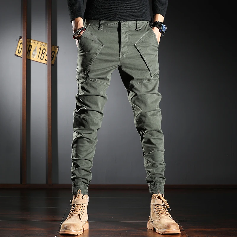 Streetwear Fashion Men Jeans Army Green Trousers Elastic Slim Fit Spliced Designer Casual Cargo Pants Hombre Hip Hop Joggers Men