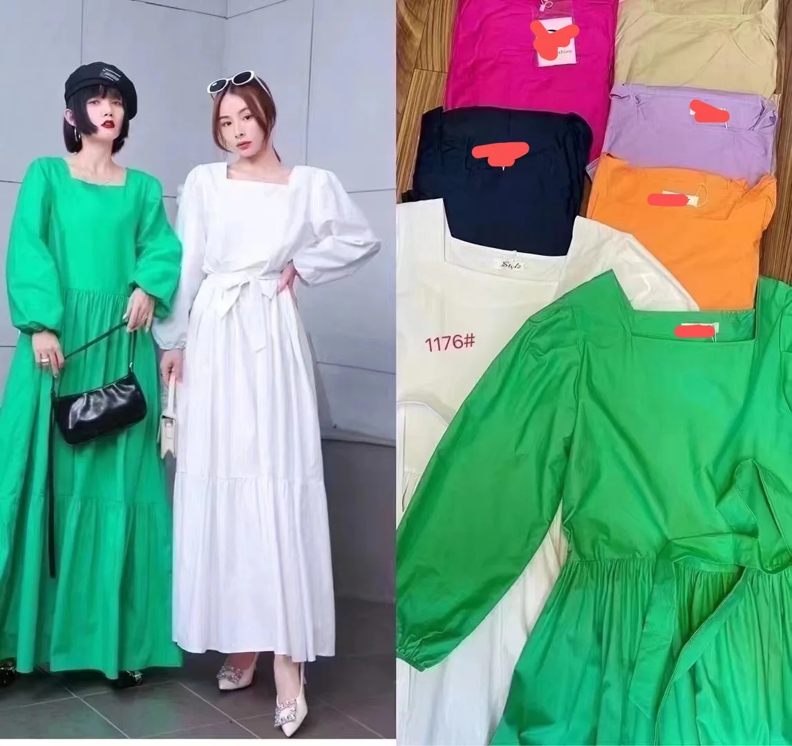 

VANOVICH French Style Temperament Fashion Long Sleeve A-line Dress Women Folds Loose Waist Square Collar Solid Color Long Dress