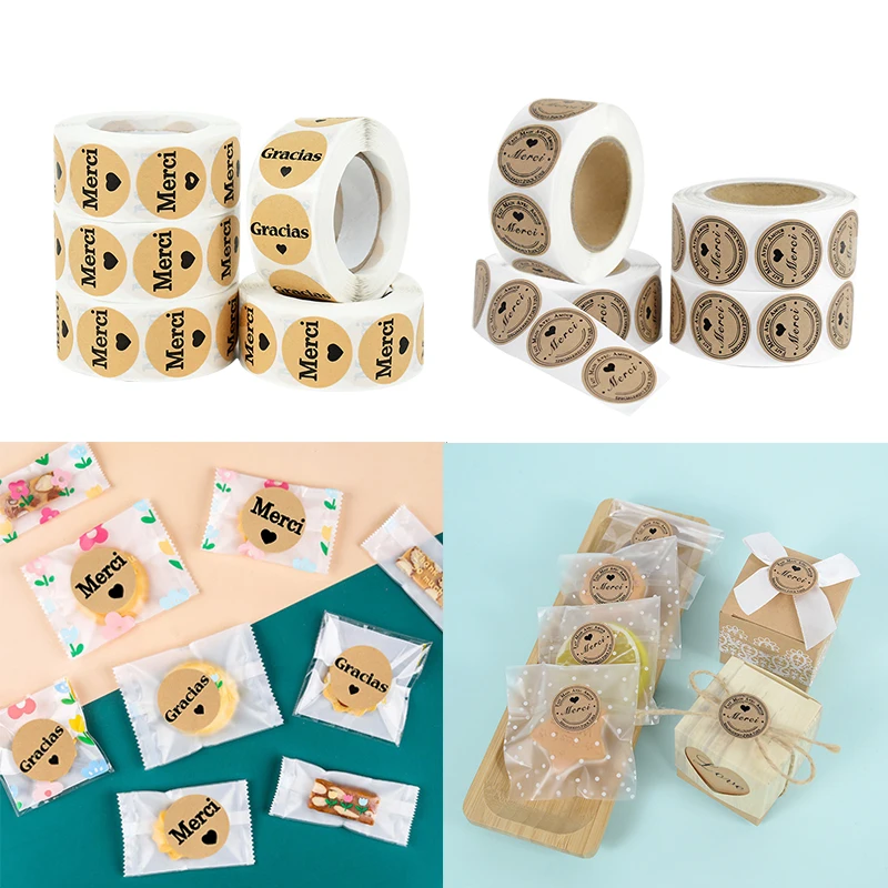 

500Pcs/Roll Round Merci/Gracias Packaging Sealing Sticker Candy Bag Gift Box Labels Xmas Birthday Wedding Stationery Supplies