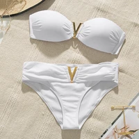 v white push up woman swimsuit 2022 new summer beach sexy bikini set solid swimming suit for women swimwear bandeau bathing suit